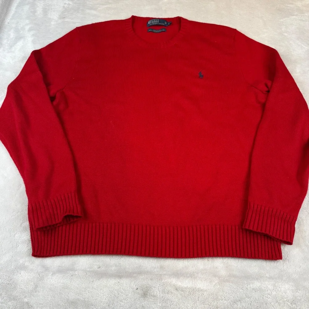 Polo Ralph Lauren Mens XL Red Cotton Crewneck Sweater Navy Pony Logo‎ Vintage